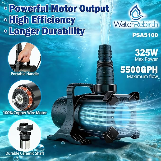 Pond Pump, 5500GPH 325W Adjustable Flow Submersible Water Pump 18.7ft Max Lift, Copper Motor IPX8 Waterproof for Koi Pond, Waterfall, Fountain, Irrigation & Drainage