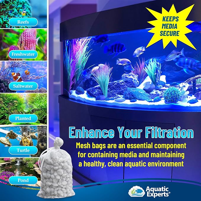 Aquatic Experts High Flow Filter Media Bag - Durable Filter Bags for Fish Tank, Secure Aquarium Media Bag with Drawstring, Media Bags for Aquarium and Pond, High Flow (White), 3” x 8” - 8 Pack