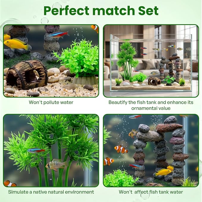 Fish Tank Decorations Artificial Small Resin Hideout Cave Plants | Resin hideout cave for fish tank decor, 6pcs aquarium decoration with lifelike plants, reduce stress for small tropical fish