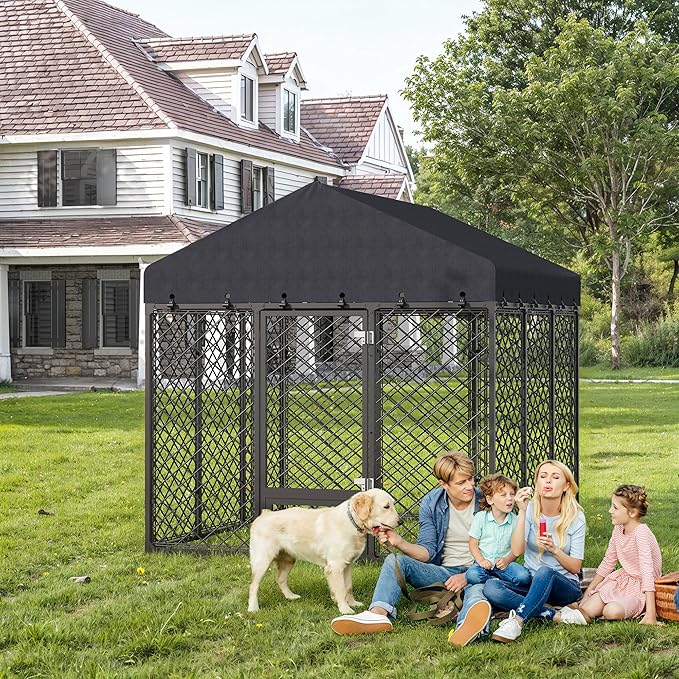 6x6x5.8 FT Heavy Duty Dog Kennel Outdoor with Water-Resistant Roof, Anti-Rust Metal Enclosure for All Weather Resistant, Secure Double Locks for Large Dogs Backyard