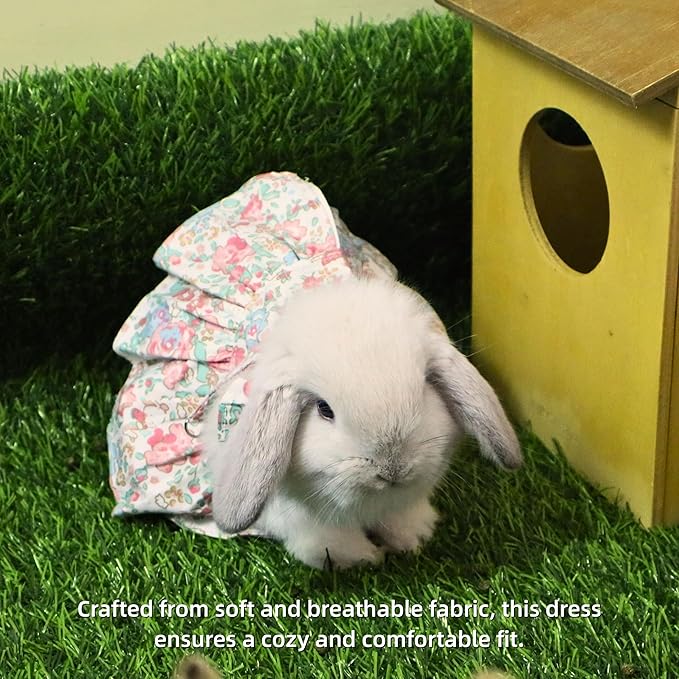 SMOLKITH Rabbit Clothes - Bunny Adjustable Rose Dress with Leash, Small Animal Apparel for Walking - Fits Meerkats, Chinchillas, Guinea Pigs, Prairie Dogs and More