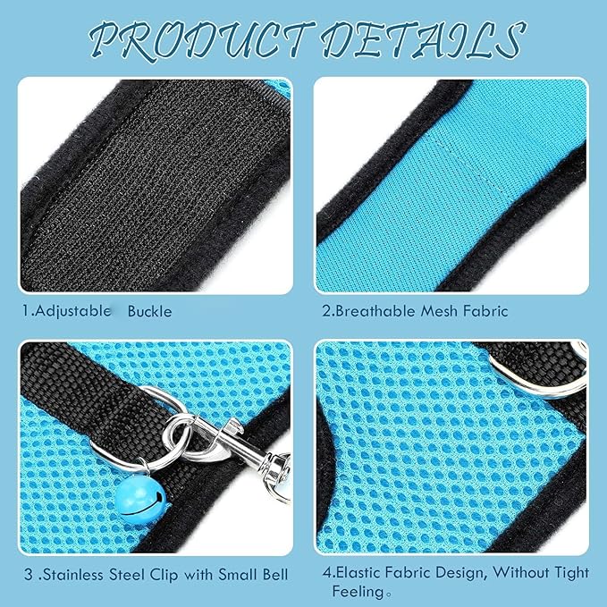 SATINIOR 2 Sets Guinea Pig Harness and Leash Adjustable Soft Mesh Harness Bell No Pulling Comfort Vest for Baby Ferret Rats Hamster Bunny Rabbit Chinchilla and Small Pet(Blue, Black,M)