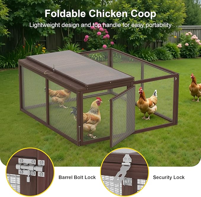 Chicken Coop, Wooden Rabbit Hutch Outdoor Indoor Folding Bunny Cage with Handle Portable Chicken Run with Top & Side Opening Doors Small Animal Playpen No Assembly Pet Poultry Cage for Bunny(Brown)
