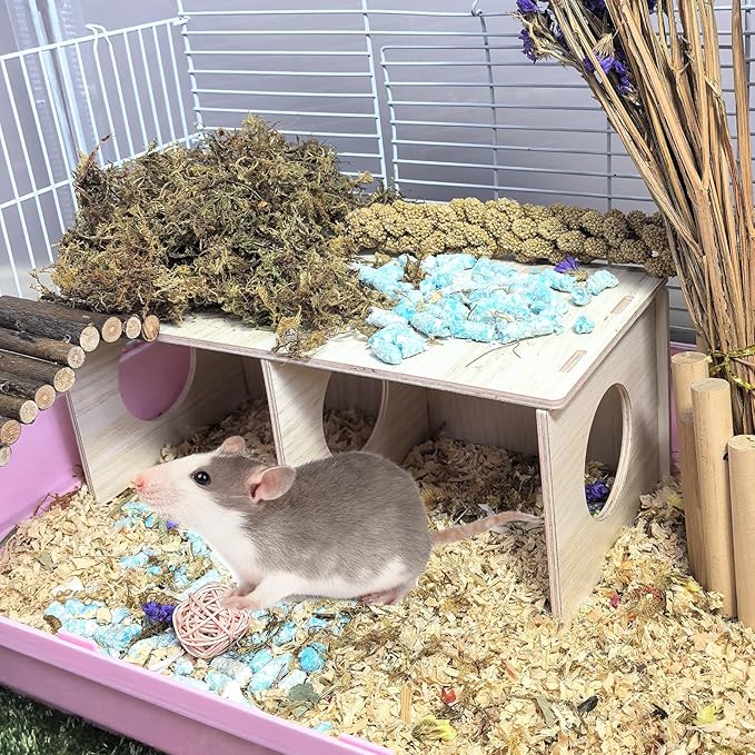 2 PCS Large Wooden Syrian Hamster Hideout Multi-Chamber Tunnel Set Hamster House Hiding Maze Platform Stuff Exploring Toy Cage Accessories for Guinea Pig Rat Mice Hedgehog Squirrel Chinchilla