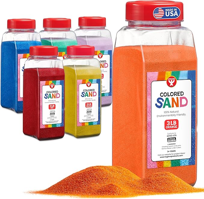 Hygloss Colored Sand for Crafts - 6 Assorted Colors - 3 lb Vibrant Colorful Fine Sensory Play Sand Art Kits for Kids - Classroom Activities for Children 3 4 5 6 7 8 9 10 11 12 - Safe for Ages 3+