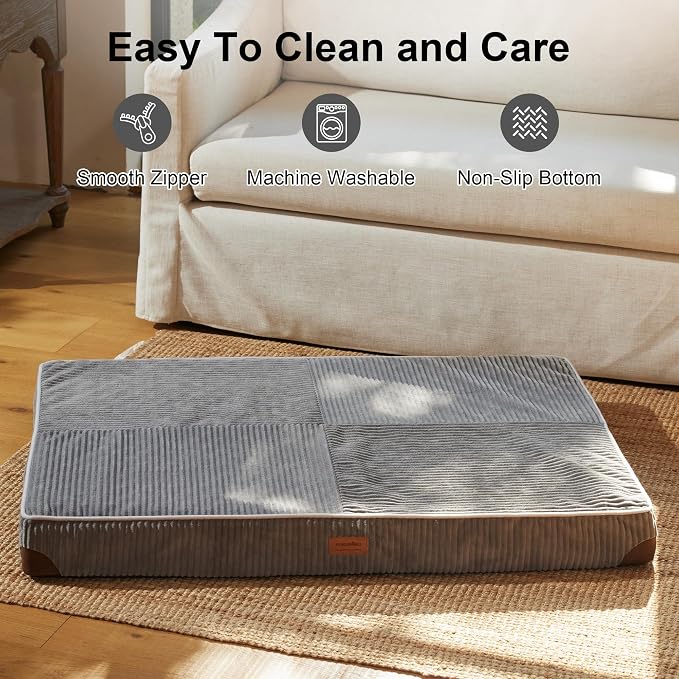 FUKUMARU Dog Bed, Thickened Corduroy Orthopedic Dog Beds with Washable Cover, Large Waterproof Dogs Bed for Crate, 28D Egg Crate Foam Support Pet Mat, Cozy Pet Bed Pad with Anti-Slip Bottom, Grey