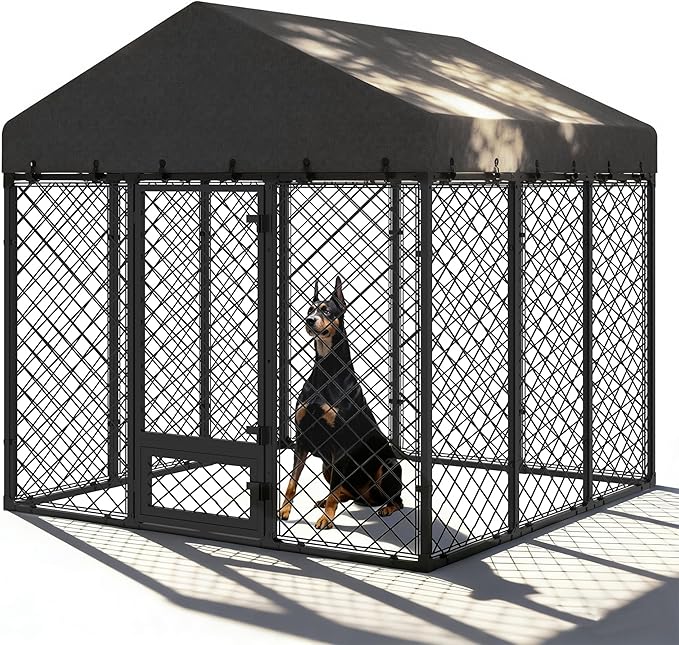 6x6x5.8 FT Heavy Duty Dog Kennel Outdoor with Water-Resistant Roof, Anti-Rust Metal Enclosure for All Weather Resistant, Secure Double Locks for Large Dogs Backyard