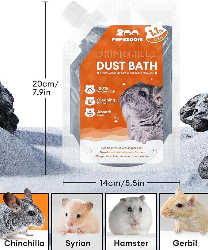 Chinchilla Dust Bath – Gentle Dusting Powder for Chinchillas, Hamsters, Gerbils & Small Pets – Natural Sand Bath for Healthy Fur – 18oz (Grey)