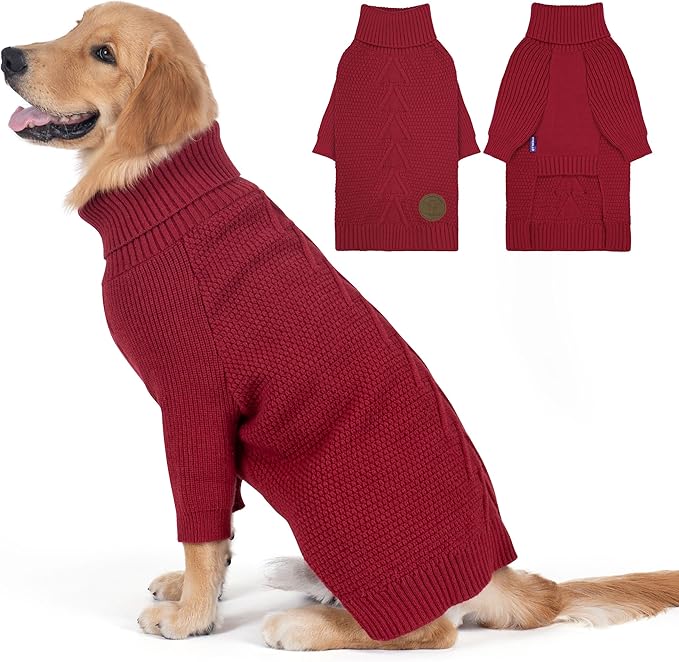 cyeollo Dog Christmas Sweater Knitwear with Long Sleeves Turtleneck Pullover Sweaters Fall Winter Dog Clothes Sweaters for Large Dogs, Burgundy XXXL