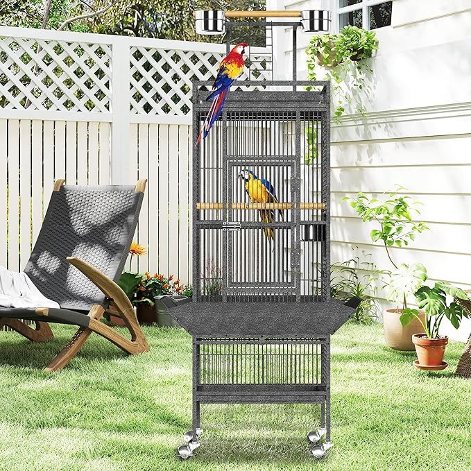 61 Inch Metal Bird Cage with Stand Large Rolling Parrot Cages with Play Top Seed Catcher Removable Tray Parrot Cage for Lovebirds Cockatiels Pigeon Finches, Black