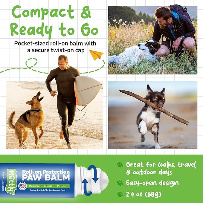 Roll-On Dog Paw Balm - Moisturizer & Soothing Protection from Snow & Hot Pavements - Snout Soother for Dogs - Easy & Fast to Apply, Natural, Non-Toxic, Food-Grade, Lick-Safe Wax