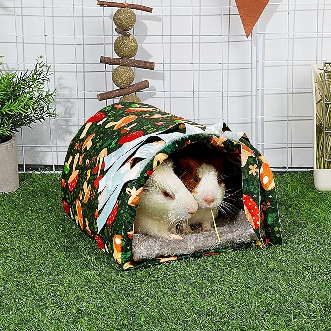 Glittme Guinea Pig Hideout with Curtain and Tunnel - Soft Bed with Cushion - Suitable for Guinea Pig, Hamster, Chinchilla, Bunny - Mushroom