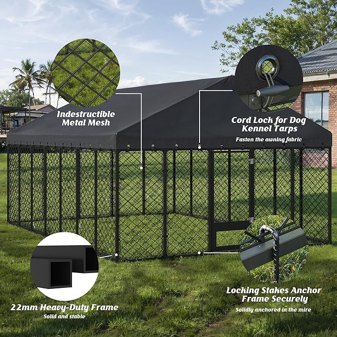 10x14FT Heavy Duty Outdoor Dog Kennel with Roof, Large Metal Dog Enclosure for Big Dogs, Weatherproof Fence Playpen with Double Lock Gate & Feeding Door