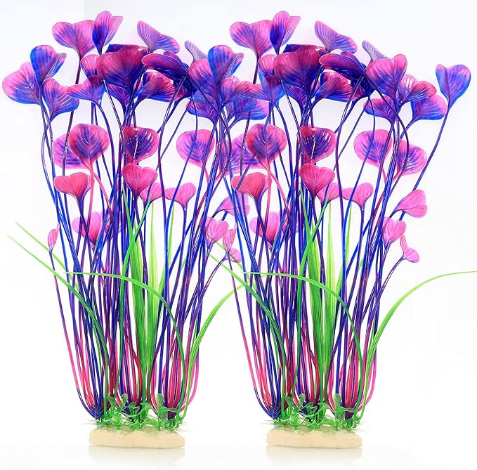 Fish Tank Decorations Aquarium Plastic Plants Large 16 inch 2Pcs | Artificial Plants Decoration Ornament Safe for All Fish- (Purple 2 pcs)