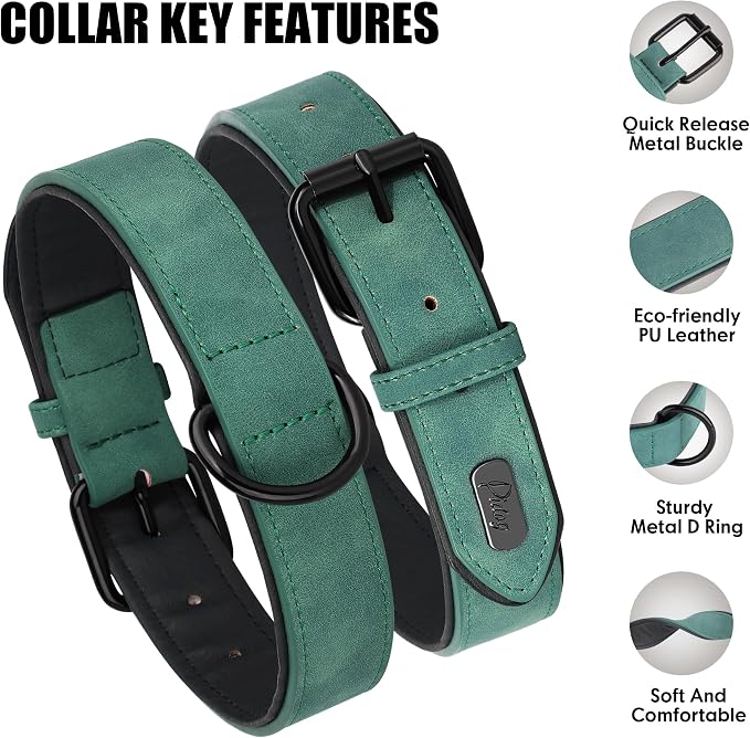 Didog Soft Padded PU Leather Dog Collar, Breathable and Adjustable Red Dog Collars for Small Dogs, Comfortable for Daily Walk, Green, M Fit Neck 11-14"(10-20 lbs)