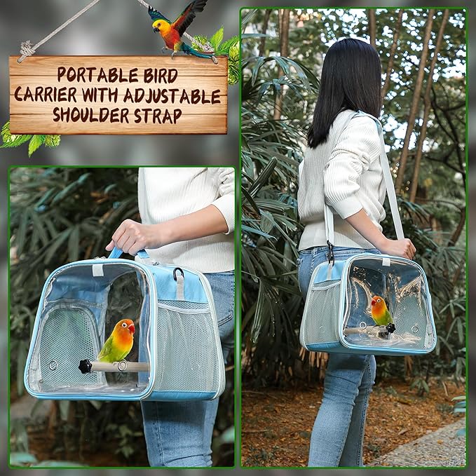 Small Bird Carrier, Large Window Travel Cage with Stand and Easy Clean Tray for Parrot Parakeet Cockatiels, Lightweight and Portable, Blue
