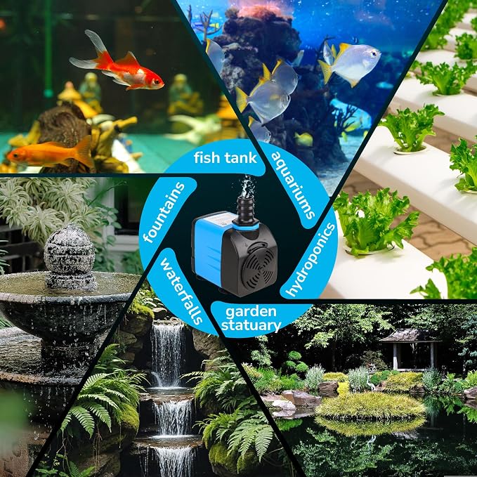 Hexago 400GPH Submersible Pump, Ultra Quiet Water Fountain Pumps with 8FT High Lift, 6FT Power Cord, 3 Nozzles, Durable Water Pump for Fish Tank, Pond Fountains, Aquarium, Statuary and Hydroponics