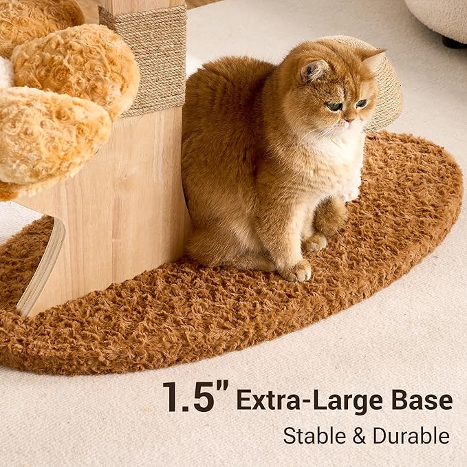 Aesthetic Flower Cat Tree Tower for Indoor Cats, 37" H Modern Cat Tree with Wood Sculpted Branch Scratching Post, Washable Flower Cat Beds, Mushroom Scratcher & Interactive Squeaky Toy, Brown