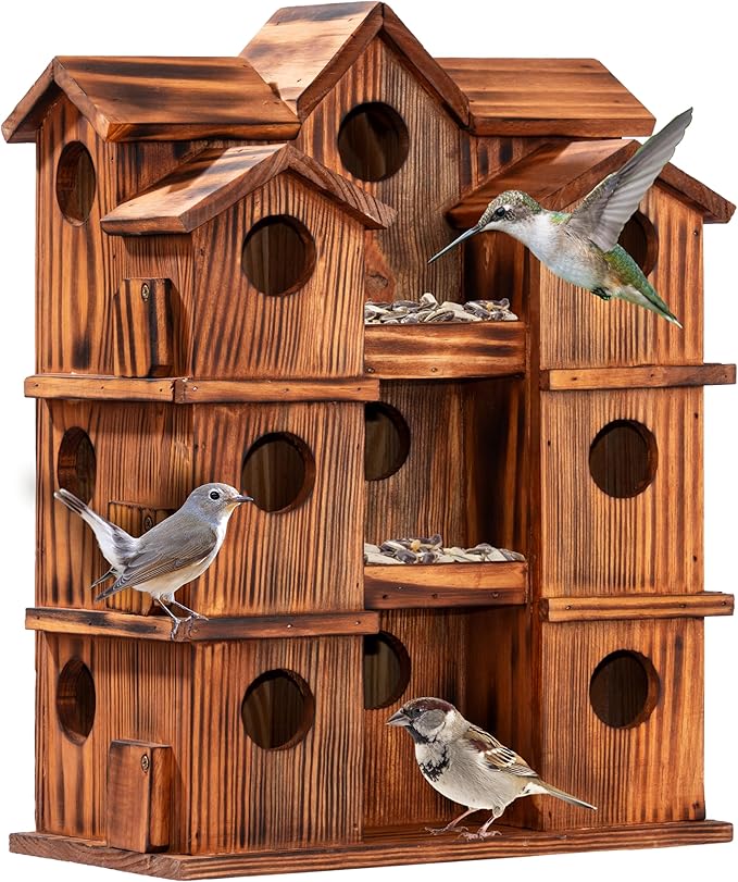 MIXUMON Wooden Bird Houses for Outside – 15 Rooms Multi-Chamber Bird House, Carbonized Pine Rustic Finish, 1.57" Entrance Holes, Individual Cleaning Doors, Decorative Outdoor Bird Nesting Box