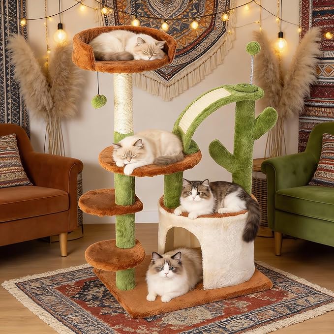 Cactus Cat Tree for Indoor Cats, 36" Multi-Level Cat Tower with Sisal Scratching Posts, Stable Cat Condo with Perches and Steps, Brown