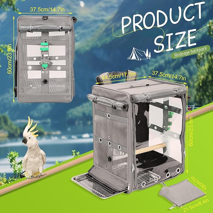 Bird Carrier Travel Cage, Cockatoo Carrier, Parrot Travel Backpack with Unbreakable Stainless Steel Mesh, Perch, Water Bottle and Food Bowl, X-Large Grey