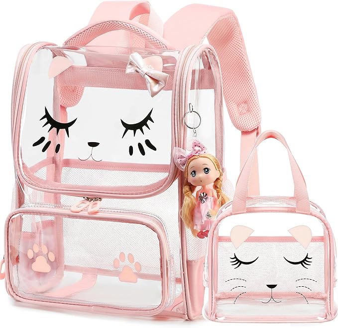 AO ALI VICTORY clear backpack Girls with Tote Bag Heavy Duty PVC Transparent Cute Backpack for Kids Toddler Preschool Bookbags Elementary School Bags See Through Casual Travel Daypack, Pink Set