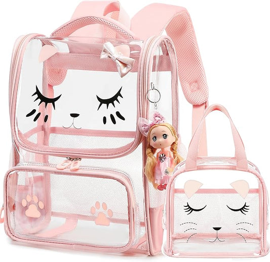 AO ALI VICTORY clear backpack Girls with Tote Bag Heavy Duty PVC Transparent Cute Backpack for Kids Toddler Preschool Bookbags Elementary School Bags See Through Casual Travel Daypack, Pink Set