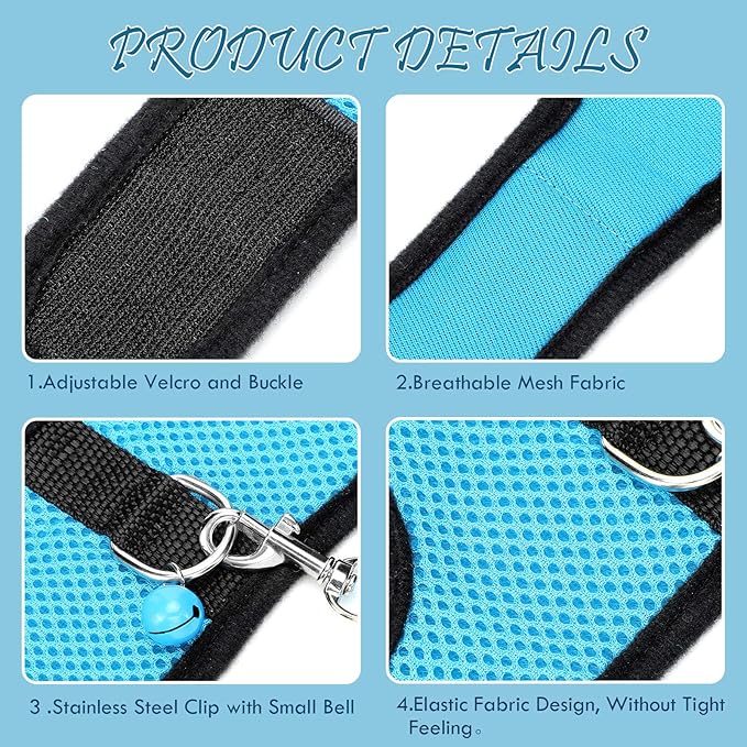 SATINIOR 2 Sets Guinea Pig Harness and Leash Adjustable Soft Mesh Harness Bell No Pulling Comfort Vest for Baby Ferret Rats Hamster Bunny Rabbit Chinchilla and Small Pet(Blue, Black,L)