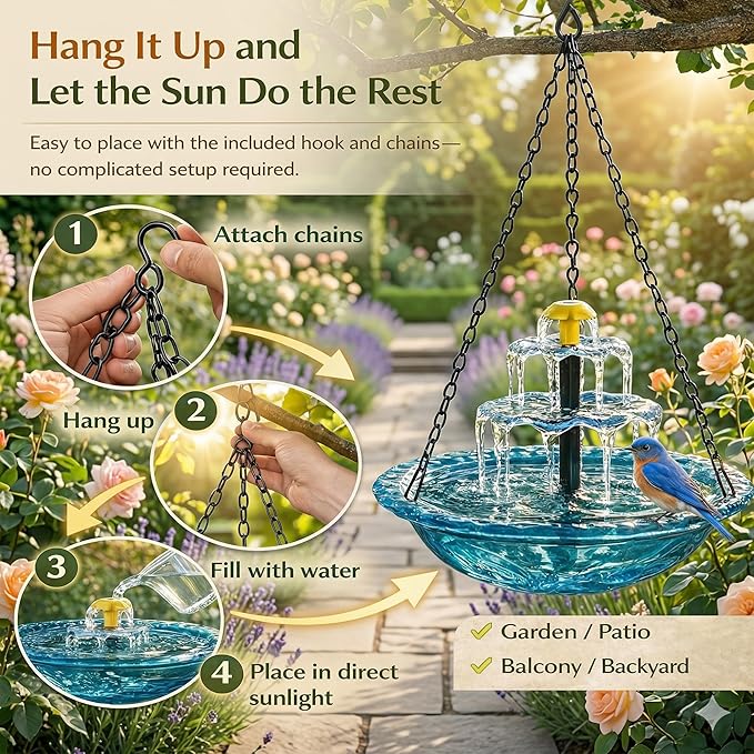 Solar Powered Hanging Bird Bath, Vibrant Blue Multi-Tier Waterfall Fountain for Outside, Easy to Hang Bird Oasis for Garden Decoration, Balcony, for Bird Lovers (Purple)