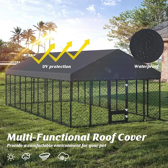 10x20FT Outdoor Dog Kennel with Roof, Extra Large Heavy Duty Metal Dog Enclosure for Multiple Dogs, Secure Playpen with Lockable Gate & Feeding Door, Weather-Resistant Fence Run