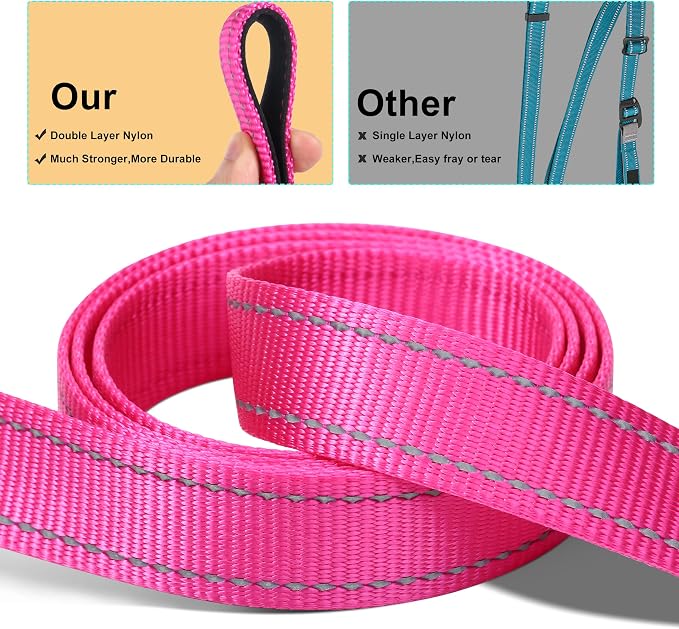 Soft Neoprene Padded Dog Collar and Leash Set for Small Medium Large Dogs, Reflective Durable Nylon Dog Collar with 5ft Leash Easy for Walking, Hot Pink,Neck fit 14.0-23.5’’
