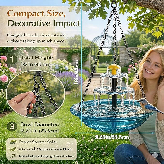 Solar Powered Hanging Bird Bath, Vibrant Blue Multi-Tier Waterfall Fountain for Outside, Easy to Hang Bird Oasis for Garden Decoration, Balcony, for Bird Lovers (Pink)