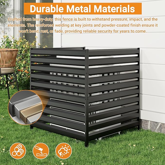 CJF Outdoor Privacy Screens, 42" H x 38" W Metal Air Conditioner Fence Panels, Pool Equipment Enclosure, Trash Can Screens Fence Kit for Outside Backyard Patio(Black/3-Panel)
