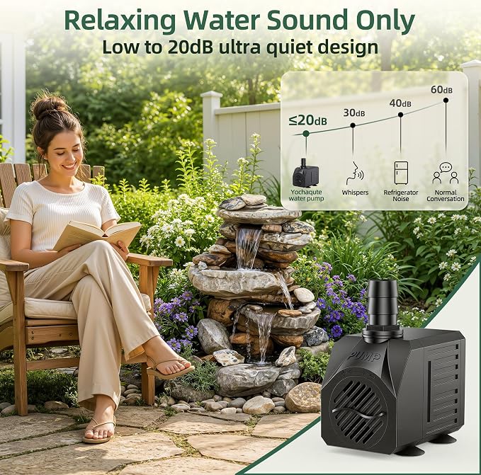 Reliable Waterfall Fountain Pump：Run 24/7 for Stable Circulation | 30W 550GPH 7.2ft Adjustable for 2-5ft 2-4 Tier Fountain & 185℉ Dry Burn Safe - 20dB Ultra Quiet Only Natural Water Sound