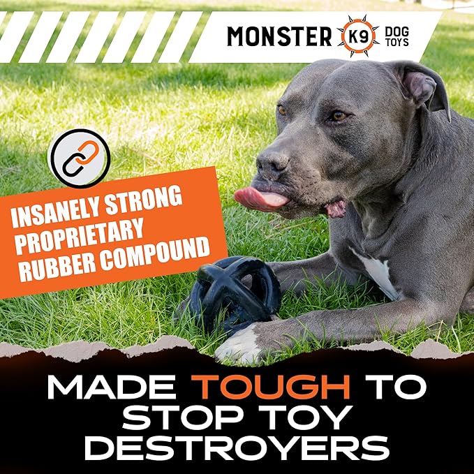 Monster K9 Ultra Durable Dog Ball - Lifetime Guaranteed - Tough, Heavy Duty Dog Toy for Aggressive Chewers - Safe Non-Toxic Natural Rubber - Chew, Tug & Fetch - Med/Large Breed, 5.5”