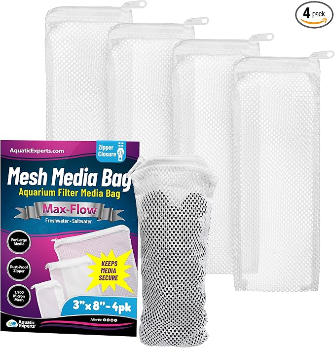 Aquatic Experts Max Flow Filter Media Bags - Durable, Secure with Plastic Zipper, for Aquarium and Pond, Zipper, 3" x 8" - 4 Pack