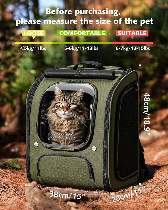Pecute Cat Backpack Carrier XL, Large Space Cat Bubble Backpack, Breathable Cat Carrier, Shaded Dog Backpack Carrier, Ergonomic 3D Design for Travel, Hiking, Suitable for Shopping, and Vet, Green
