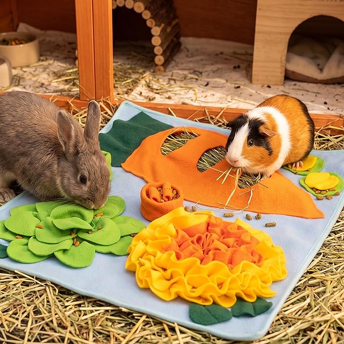 Rabbit Hay Feeder - Interactive Polar Fleece Pet Foraging Mat Toy Indoor for Guinea Pig Bunny Chinchillas Hamster Ferrets Small Animals - Anti Slip Feeding Mat Treat Dispenser Machine Washable