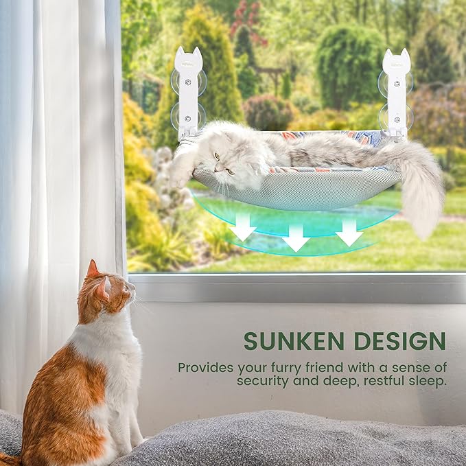 HiPetpy Cat Window Perch, Glow in The Dark Foldable Cat Hammock with Sunken Design & Removable Soft Cover, Breathable Cordless Window Bed for Resting Indoor Kitten (Shallow Perch, 1 Pack - M)