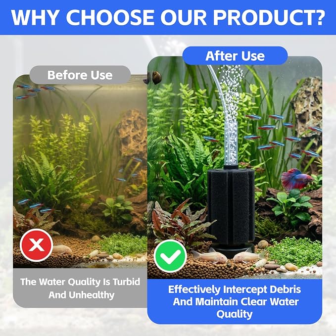 3 Pack Aquarium Bio Sponge Filter for Fish Tanks Up to 20 Gallons | Gentle flow sponge filter, perfect for betta, fry, shrimp and small fish, biological filtration for small aquarium tanks