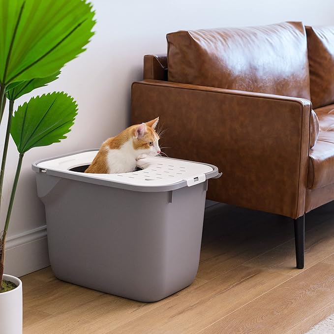 IRIS USA Square Top Entry Cat Litter Box, Kitty Litter Pan with Litter Particle Catching Cover and Privacy Walls, Gray/White (Pack of 4)