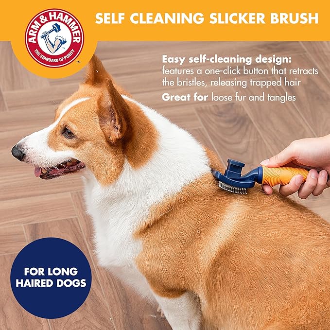 Arm & Hammer Deodorizing Slicker Brush for Dogs, Fragrance Transfer Technology with Baking Soda, Self-Cleaning Button, Removes Loose Fur & Tangles, Dog Grooming Brush, Sweet Lily & Vanilla