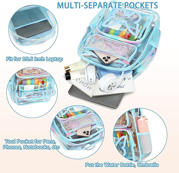 Clear Backpack for School,Large Bookbag Heavy Duty See Through Butterfly Backpacks for Girls Stadium Approved Daypack Transparent Shoulder Bags for Students,Teens,Women,Work,Travel,Concert Blue