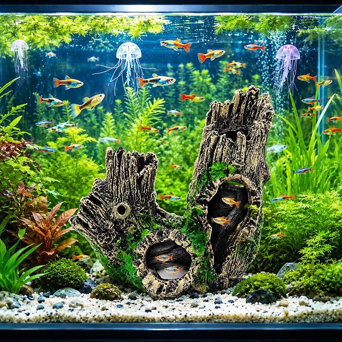 Natural Driftwood Cave Aquarium Decor, Tree Trunk Fish & Reptile Hideout | Lightweight Natural Resin Trunk Hideout, Low Maintenance for Small Fish & Reptiles, Suitable for Fresh & Saltwater
