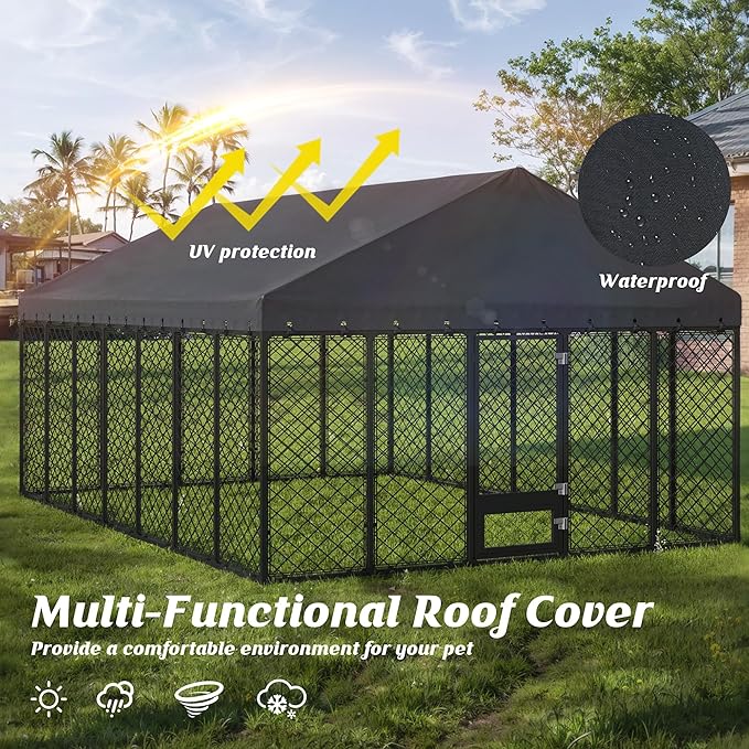 10x14FT Heavy Duty Outdoor Dog Kennel with Roof, Large Metal Dog Enclosure for Big Dogs, Weatherproof Fence Playpen with Double Lock Gate & Feeding Door
