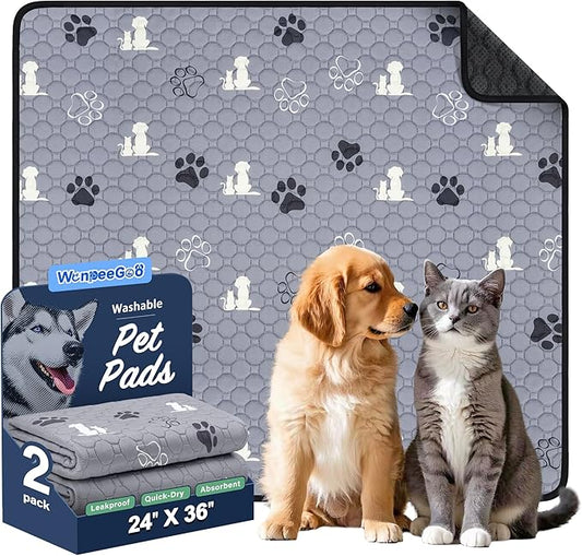 WanpeeGoo Washable Pee Pads for Dogs Mat, 2 Pack Absorbent Reusable Training Dog Pads Pet Puppy Pads, Non-Slip Potty Pads for Whelping, Playpen, Crate, Bed, Grey 24"x36"