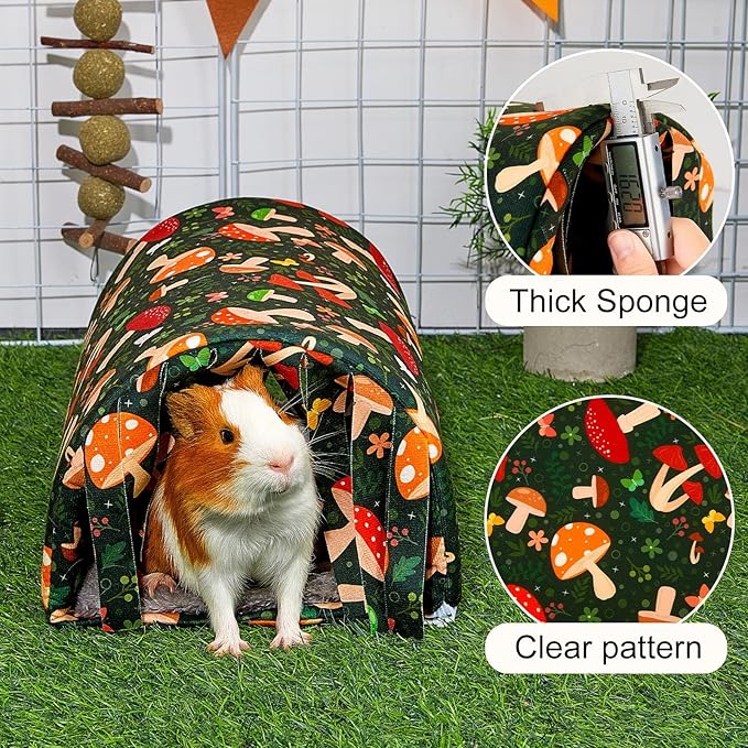 Glittme Guinea Pig Hideout with Curtain and Tunnel - Soft Bed with Cushion - Suitable for Guinea Pig, Hamster, Chinchilla, Bunny - Mushroom