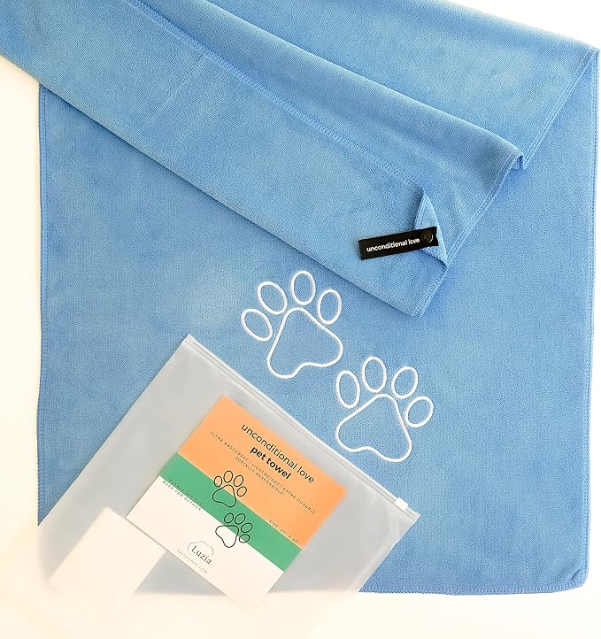 Luzia Unconditional Love | Premium Pet Drying Towel | Ultra Absorbent and Soft Microfiber Towel for Dogs and Cats (Blue)