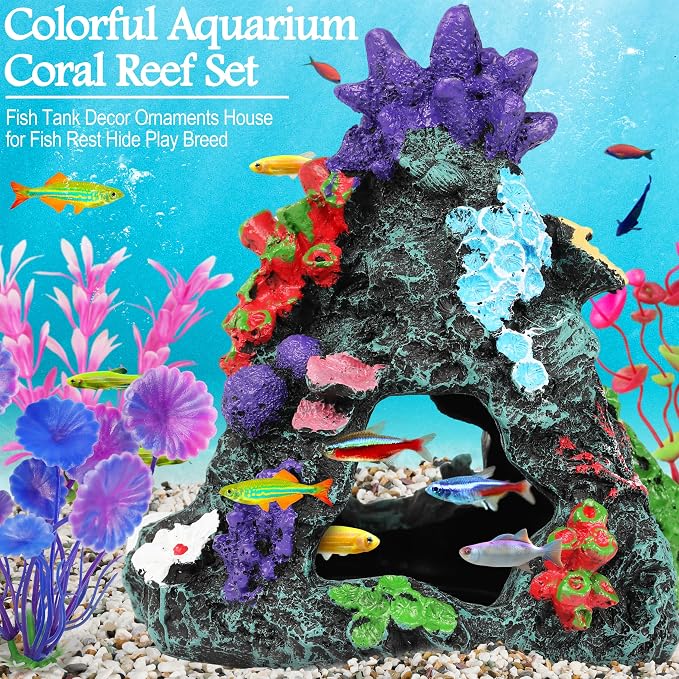 MyLifeUNIT Fish Tank Decor, 2 Pack Artificial Aquarium Coral Reef Rock Decorations for Betta, Goldfish to Breed, Play, Hide and Rest (Coral Reef Mountain+Starfish Wooden Barrel)