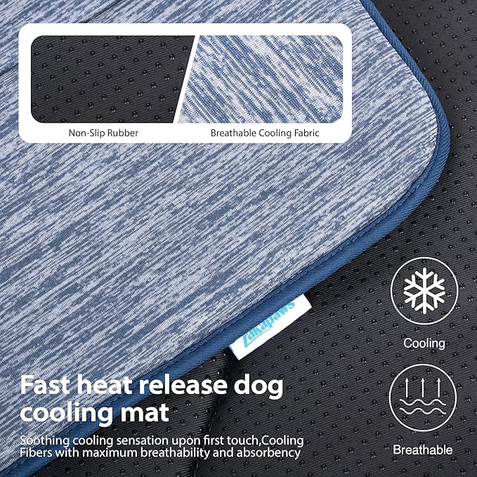 Cooling Dog Mat Q-Max>0.5 - Rapid Cooling Tech, Thin Breathable Crate Pad, Portable Washable Summer Mat, Chill Soothing Fabric - 41"x27" Extra Large Dog, Wander Blue